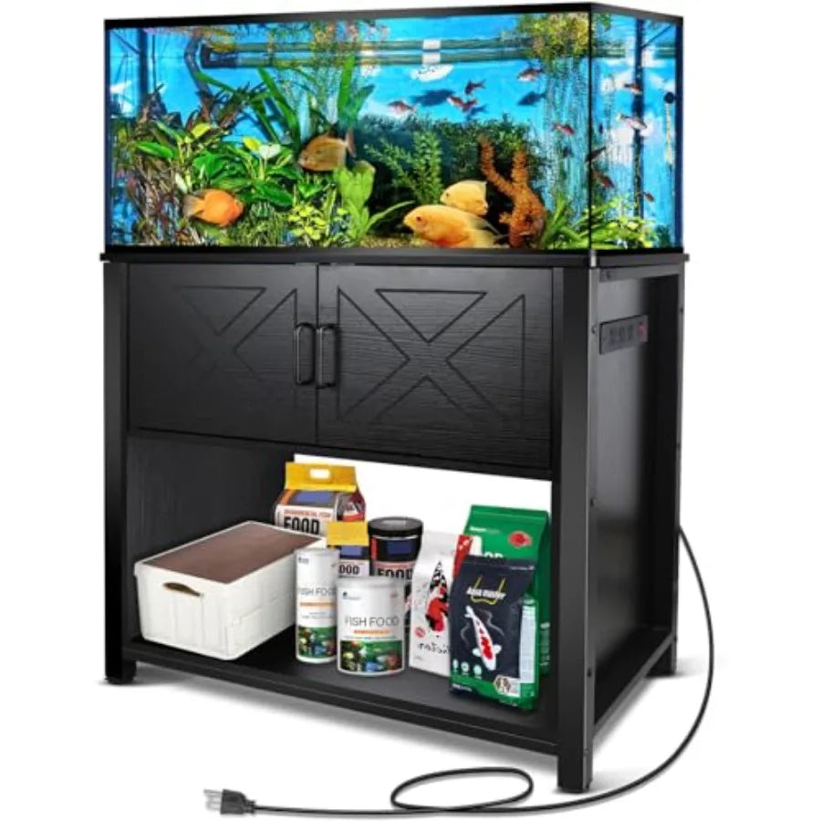40 Gallon Tank Stand with Cabinet and Power Outlets, Heavy Duty Metal Aquarium Stand for Breeder Tank, Turtle Tank, Double Terr
