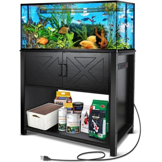 40 Gallon Tank Stand with Cabinet and Power Outlets, Heavy Duty Metal Aquarium Stand for Breeder Tank, Turtle Tank, Double Terr