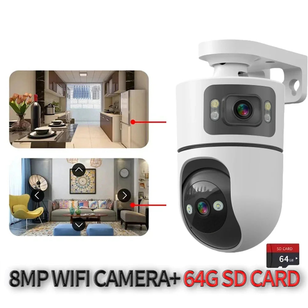 WiFi Indoor Smart Camera 8MP 2 Screen 2 Lens Color Night Vision Cameras Motion Detection Baby Monitor Two-Way Audio Pet CCTV Cam