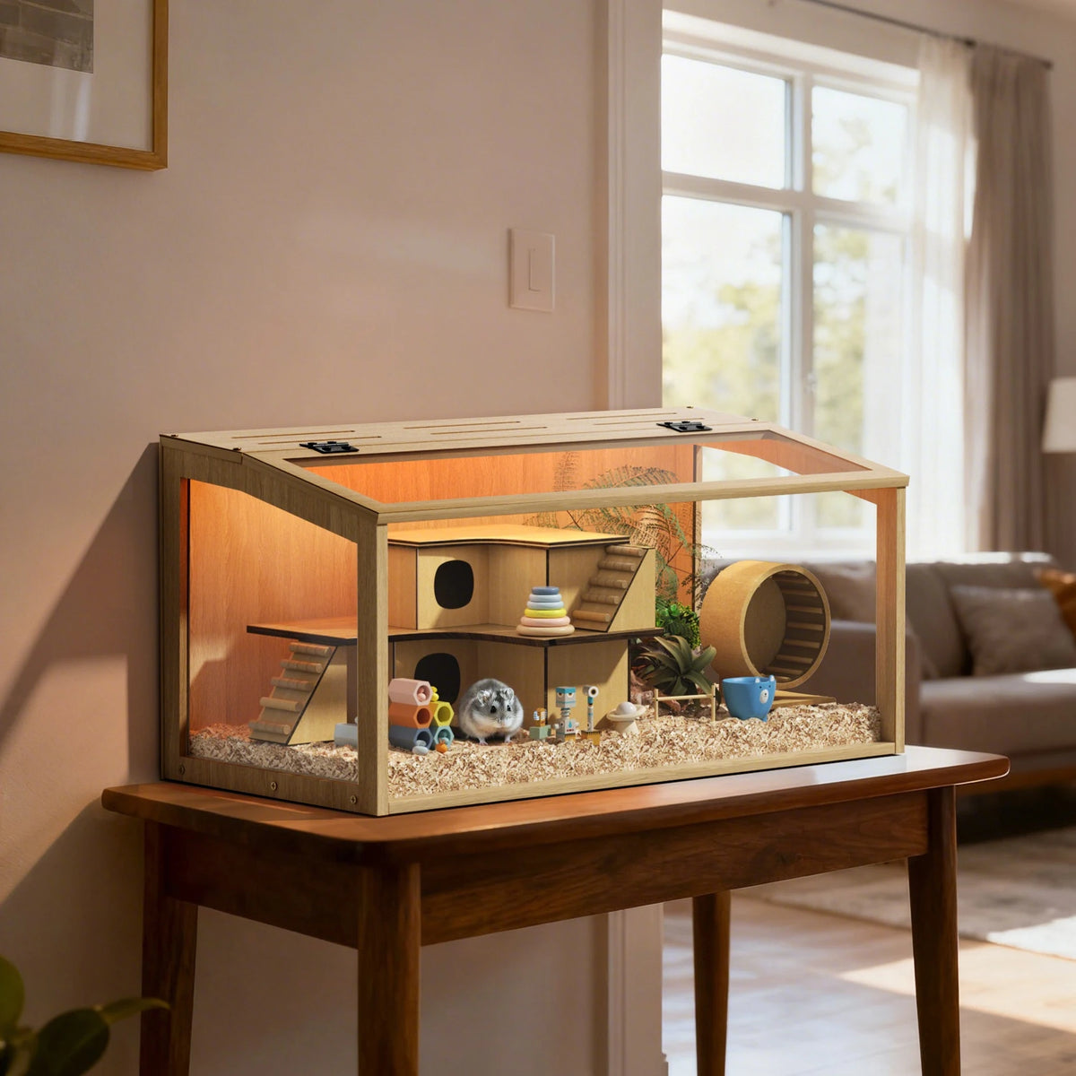 Large Wooden Hamster Cage Clear Tempered Glass Pet Small Animal Habitat Cage Playful Hutch House Built-in LED Light