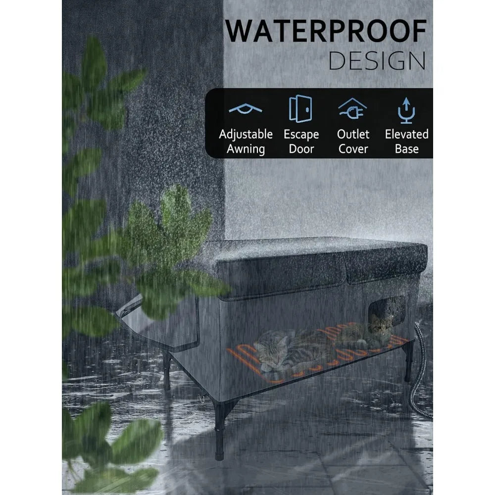 heated cat house for outside insulated in winter,fully waterproof,with adjustable awning,escape door,indoor outdoor cat shelter