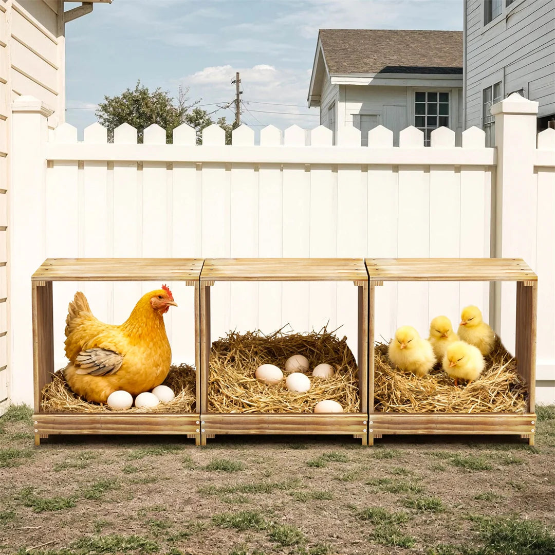3-Compartment Pine Wood Chicken Nesting Box for Egg Laying Preventing Egg Falls Poultry Farming Accessory