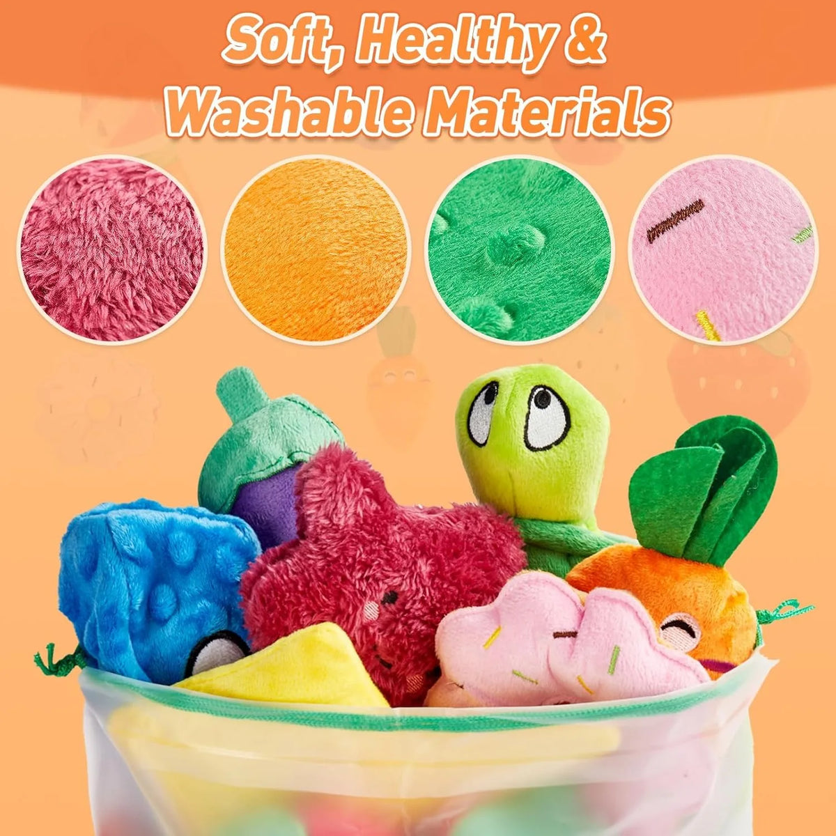20PCS Random Squeaky Dog Toys Cute Interactive Pets Toys Bulk for Small Medium Dogs Soft Plush Fruit Vegetables Animals Set