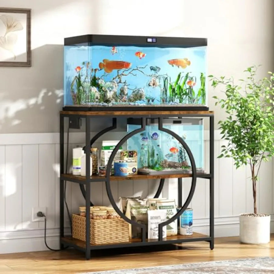20-29 Gallon Aquarium Stand with Power Outlet, 3 Tier Heavy Duty Metal Fish Tank Stand with Storage Shelf, Fish Tank Table for