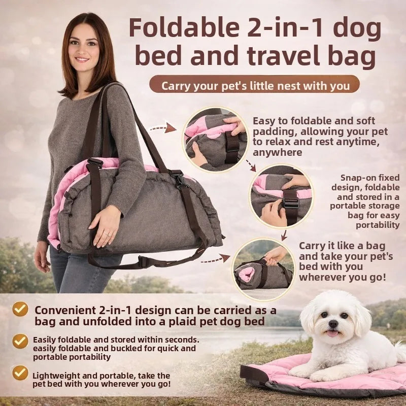 2‑in‑1 Portable Pet Travel Bag, Foldable Breathable Cat Dog Carrier Handbag, Car Small Pet Bed Mat for Outdoor Travel