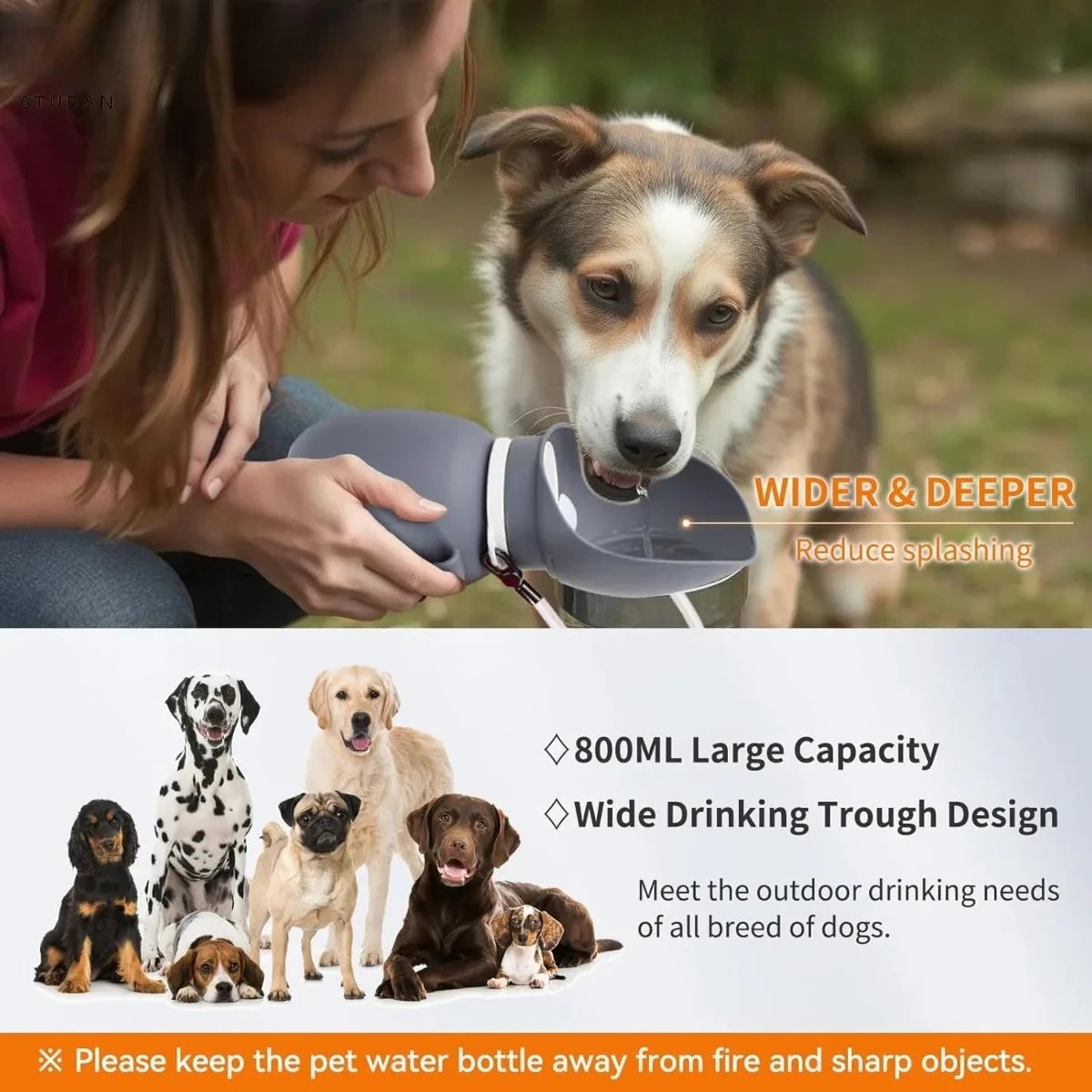 Silicone Dog Water Bottle,2-in-1 Foldable&Leakproof,BPA-Free,Ideal for Hiking,Car Travel & Training,with Carabiner,800ml