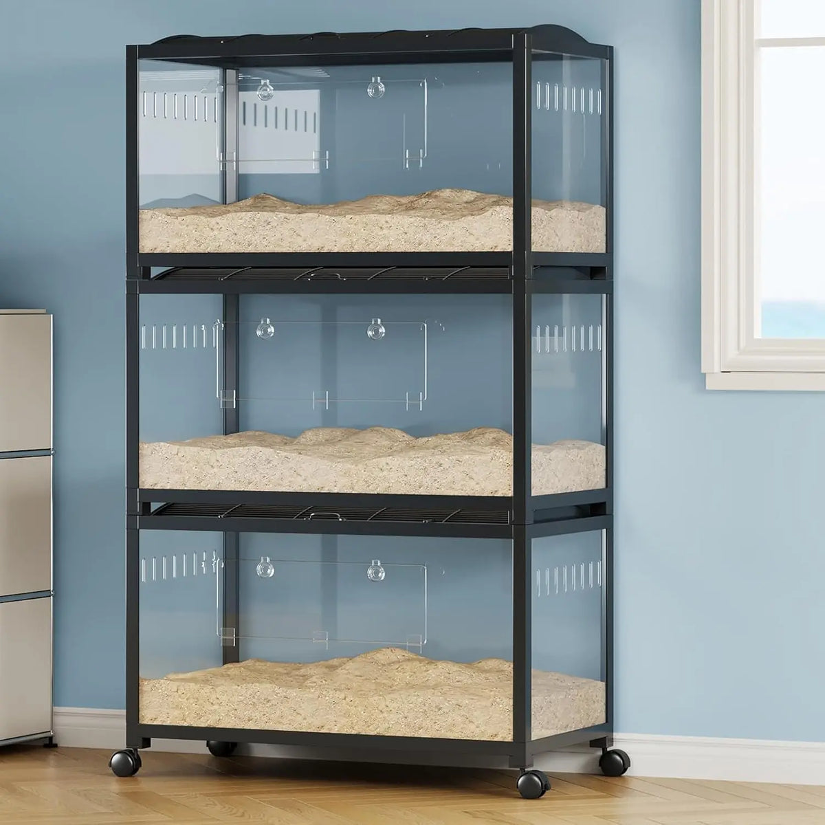 Large Hamster Cage, 3-Tier Gerbil Cages with Running Wheel, Water Bottle, Food Bowl, Ramps, Portable Hamster House with 7" Deep Glass Bottom for Syrian, Hamster, Gerbils (Metal Black)