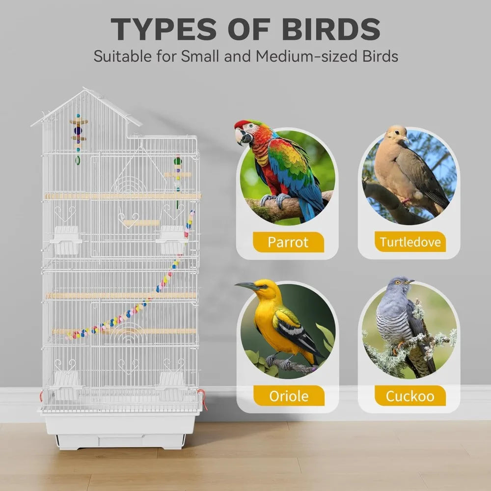 62-inch Metal Bird Cage for Cockatiels, Parrots, Pigeons, Lovebirds, with Roof Access and Rolling Stand, White