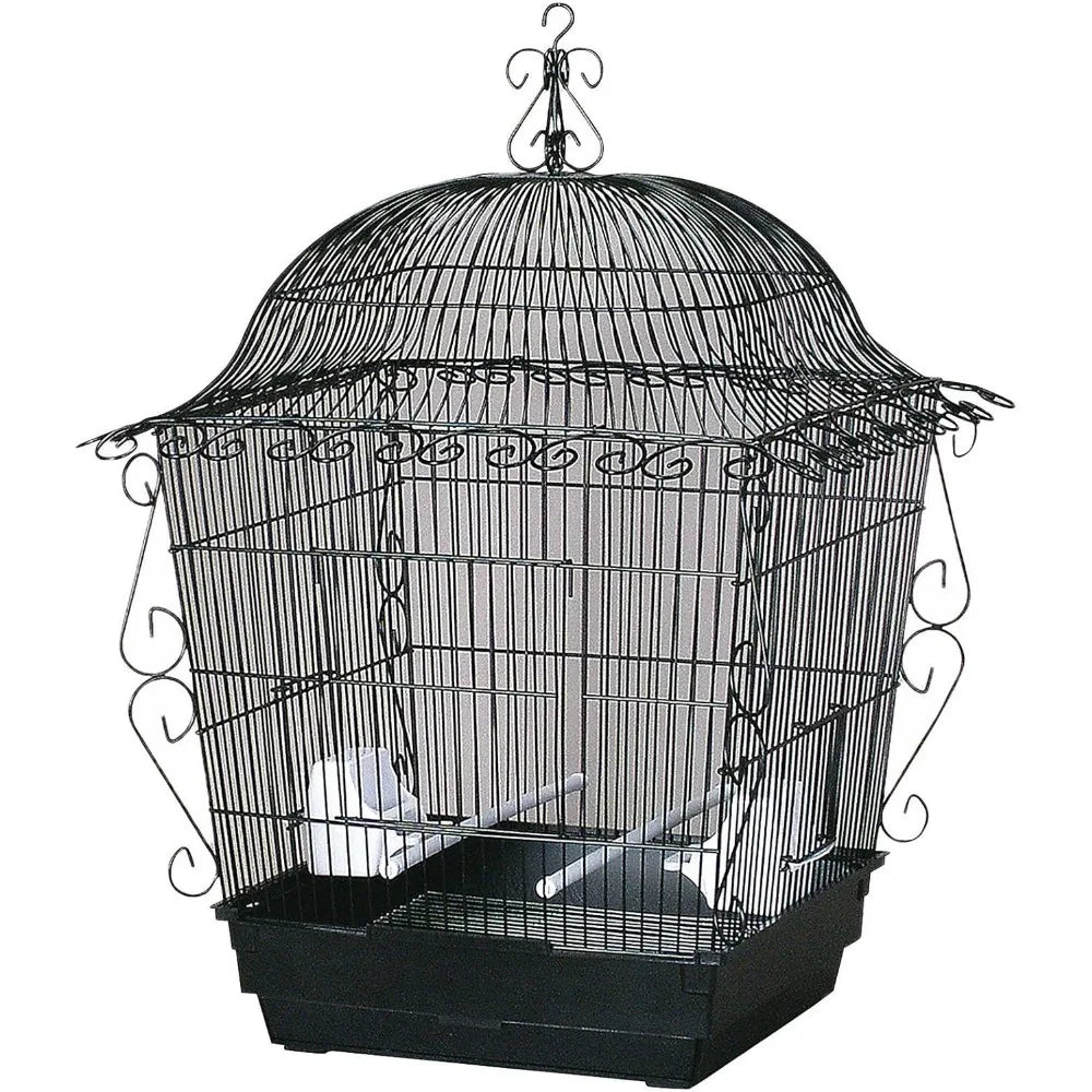 Vintage White Bird Cage with Scrollwork Design, 18x18x25 in, for Parakeets, Budgies, Lovebirds, Cockatiels, Easy Clean Bottom Grille