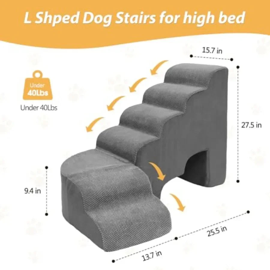 Dog Stairs for High Beds, L-Shaped 6-Step Pet Stairs 27-30 in,Non-Slip Rubber-Coated Wood, Gray, Sturdy 30D Foam Cushioned Ramp