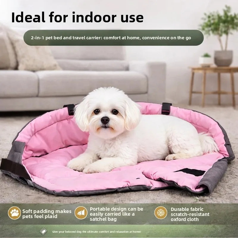 2‑in‑1 Portable Pet Travel Bag, Foldable Breathable Cat Dog Carrier Handbag, Car Small Pet Bed Mat for Outdoor Travel