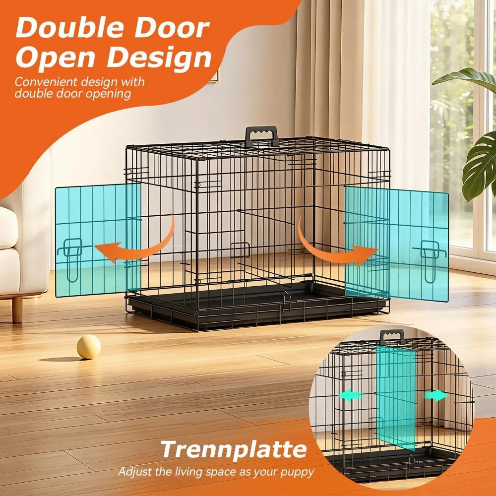 24-Inch Dog Crate for Small Dogs, Double Door Folding Metal Wire Kennel with Divider & Leak-Proof Tray, Black