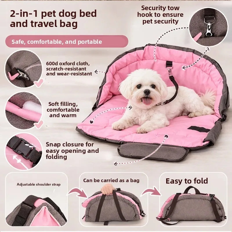 2‑in‑1 Portable Pet Travel Bag, Foldable Breathable Cat Dog Carrier Handbag, Car Small Pet Bed Mat for Outdoor Travel