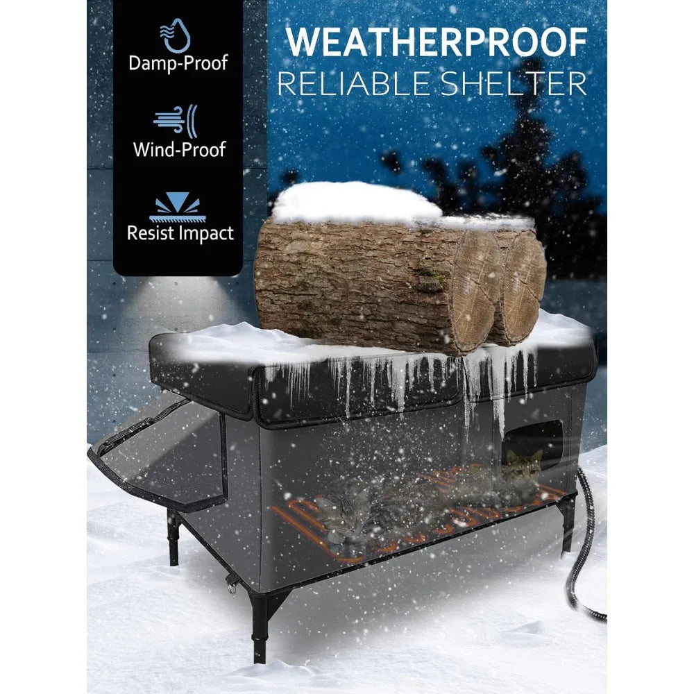 heated cat house for outside insulated in winter,fully waterproof,with adjustable awning,escape door,indoor outdoor cat shelter