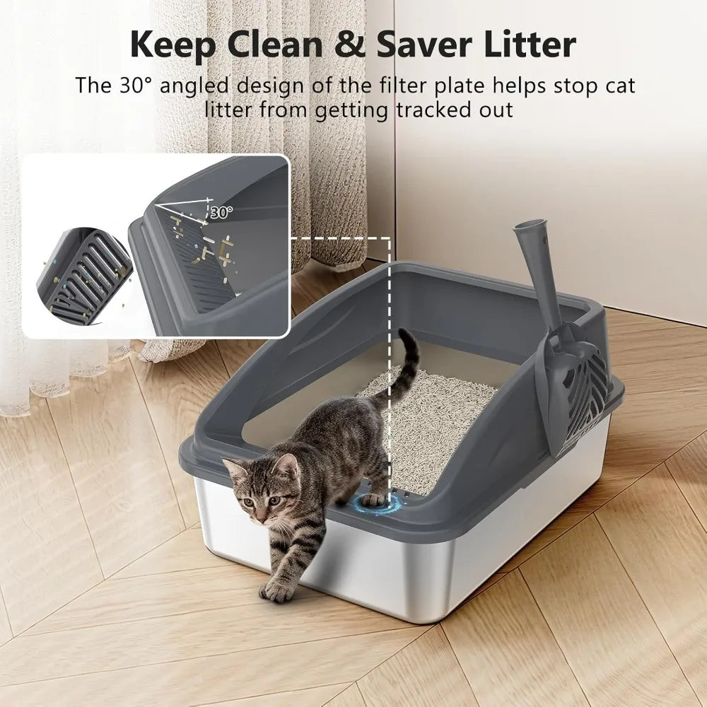Stainless Steel Litter Box, Anti-Leak Top Entry, Easy Clean, Non-Sticky, with Scoop