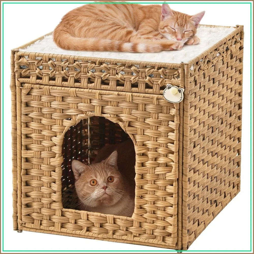 Double Cat Cave Bed for Indoor Cats, Handwoven Rattan Hideaway with Soft Cushions, Foldable, 18.5x20.5x19.1 inches, Natural