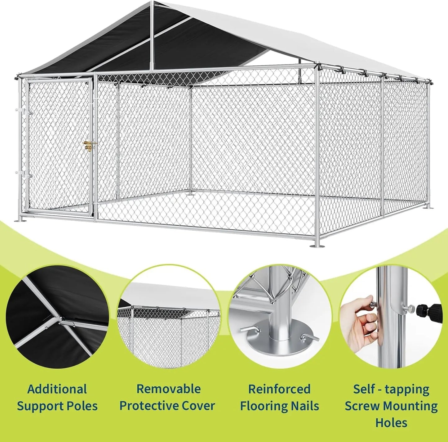 Large Dog Kennel Outdoor with Roof Heavy Duty Dog Enclosure Outside Pet Fence for Yard Dog Boarding Kennel Poultry House Cage Steel Fence with Ground Anchor Secure Lock Farm Training