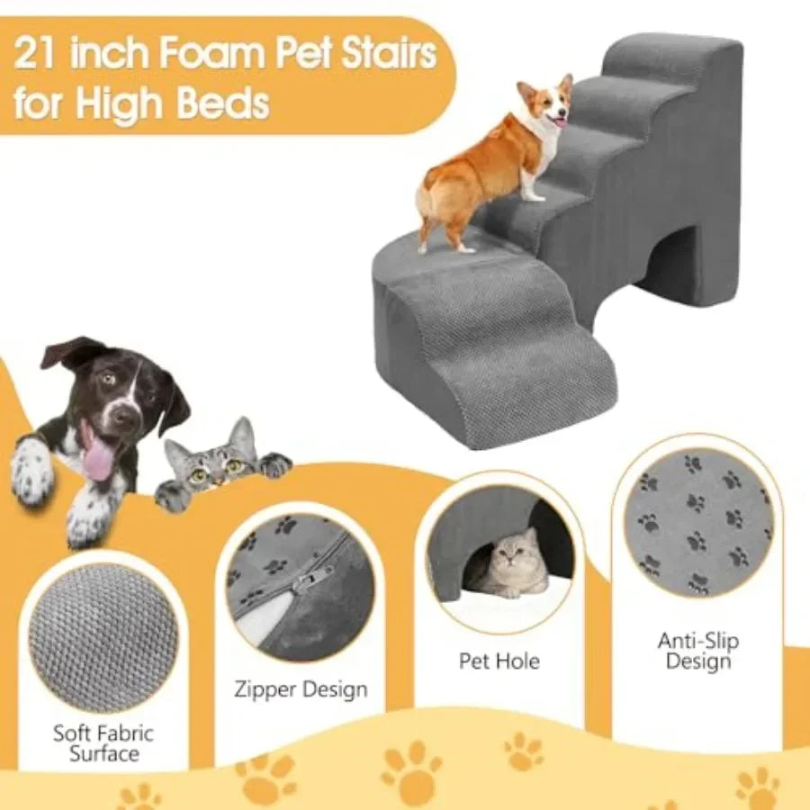 Dog Stairs for High Beds, L-Shaped 6-Step Pet Stairs 27-30 in,Non-Slip Rubber-Coated Wood, Gray, Sturdy 30D Foam Cushioned Ramp