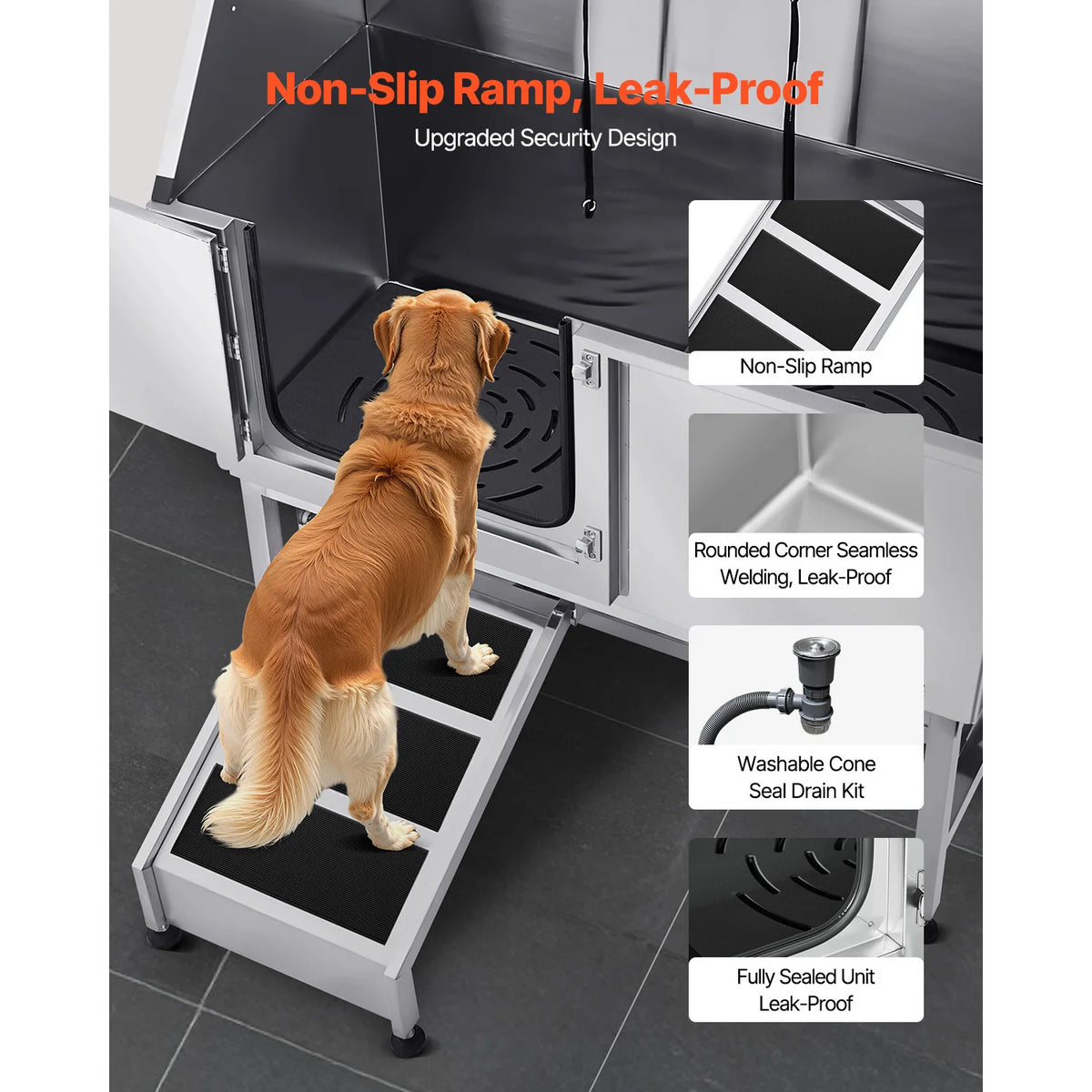 SucceBuy Stainless Steel Dog Washing Station 50inch w/ Ramp PE Water Filter Board Showerhead Soap Holder for Large Medium Small