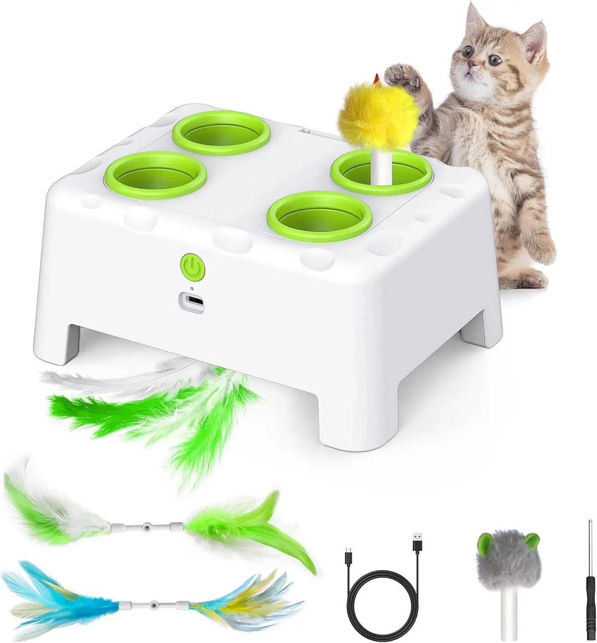 Whack A Mole Automatic Pop-Up Rechargeable Feather Toy for Cats Dogs Interactive Playing Kitten Training Pet Supplies