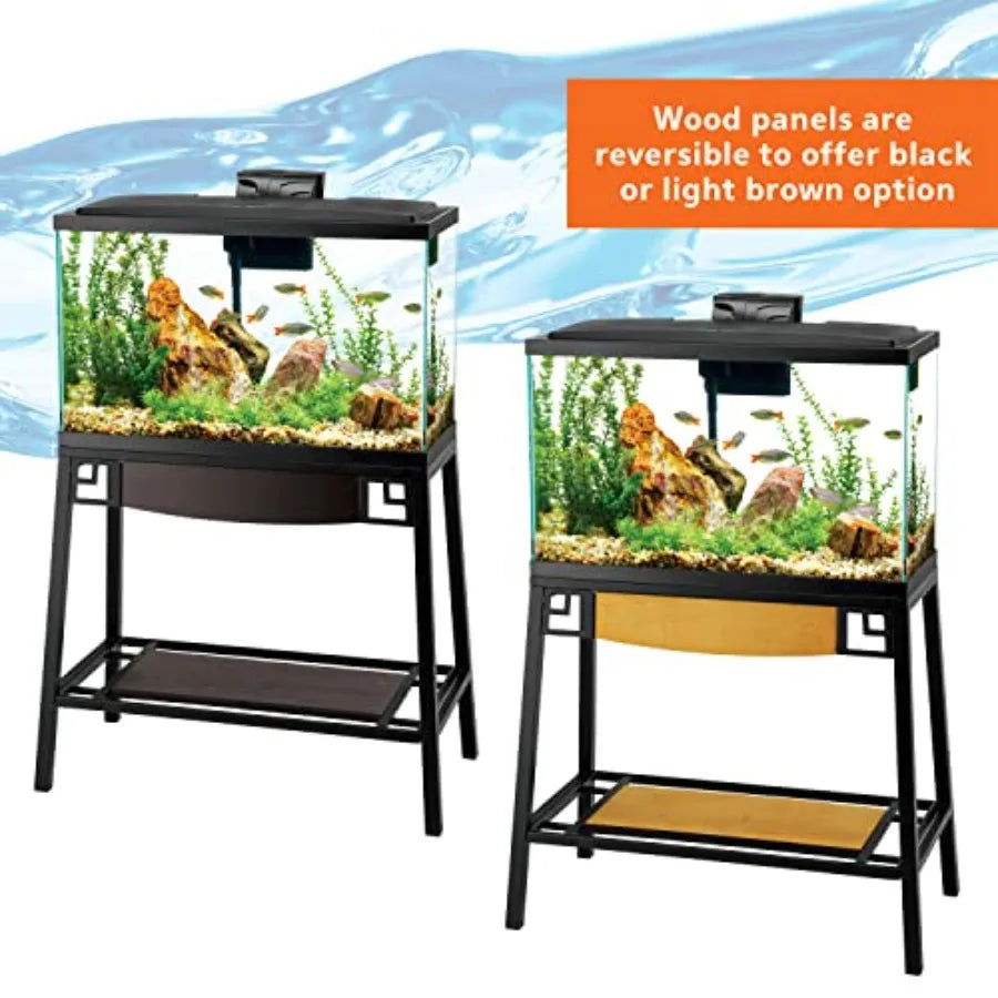 Aquarium stand for 20-gallon long or 29-gallon high tanks, metal construction, black finish, sturdy and space-saving design