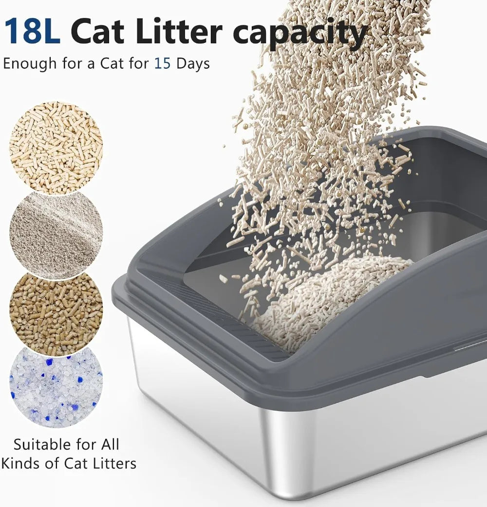 Stainless Steel Litter Box, Anti-Leak Top Entry, Easy Clean, Non-Sticky, with Scoop