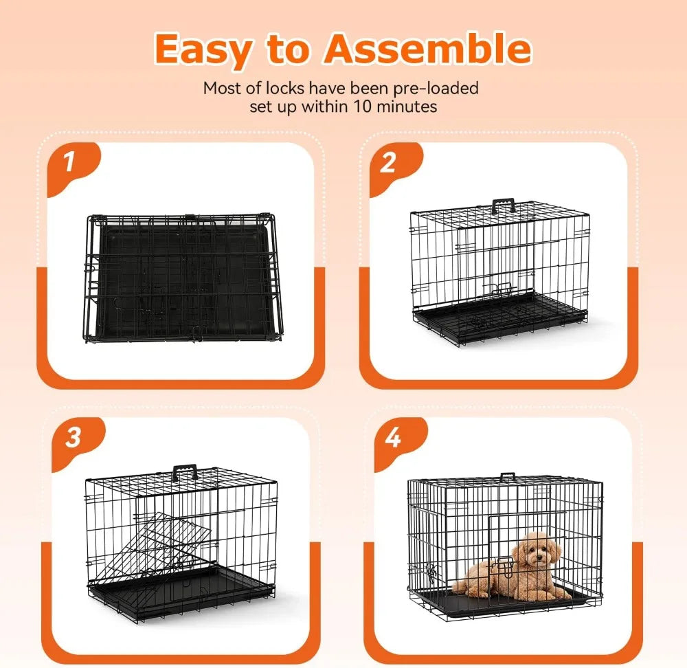 24-Inch Dog Crate for Small Dogs, Double Door Folding Metal Wire Kennel with Divider & Leak-Proof Tray, Black