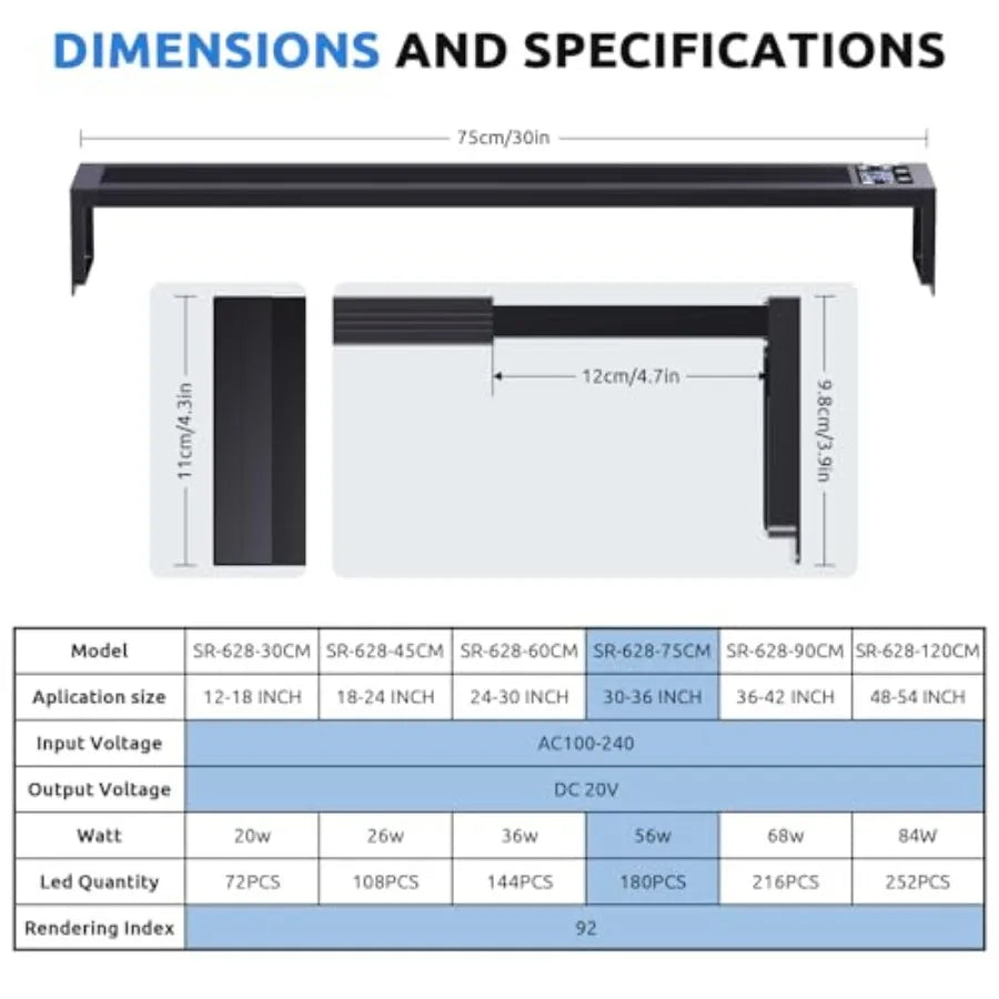24/7 LED Aquarium Light for 30-36 Inch Fish Tank, Auto On Off with Timer, 9 Colors, Adjustable Brightness, Daylight Moonlight M