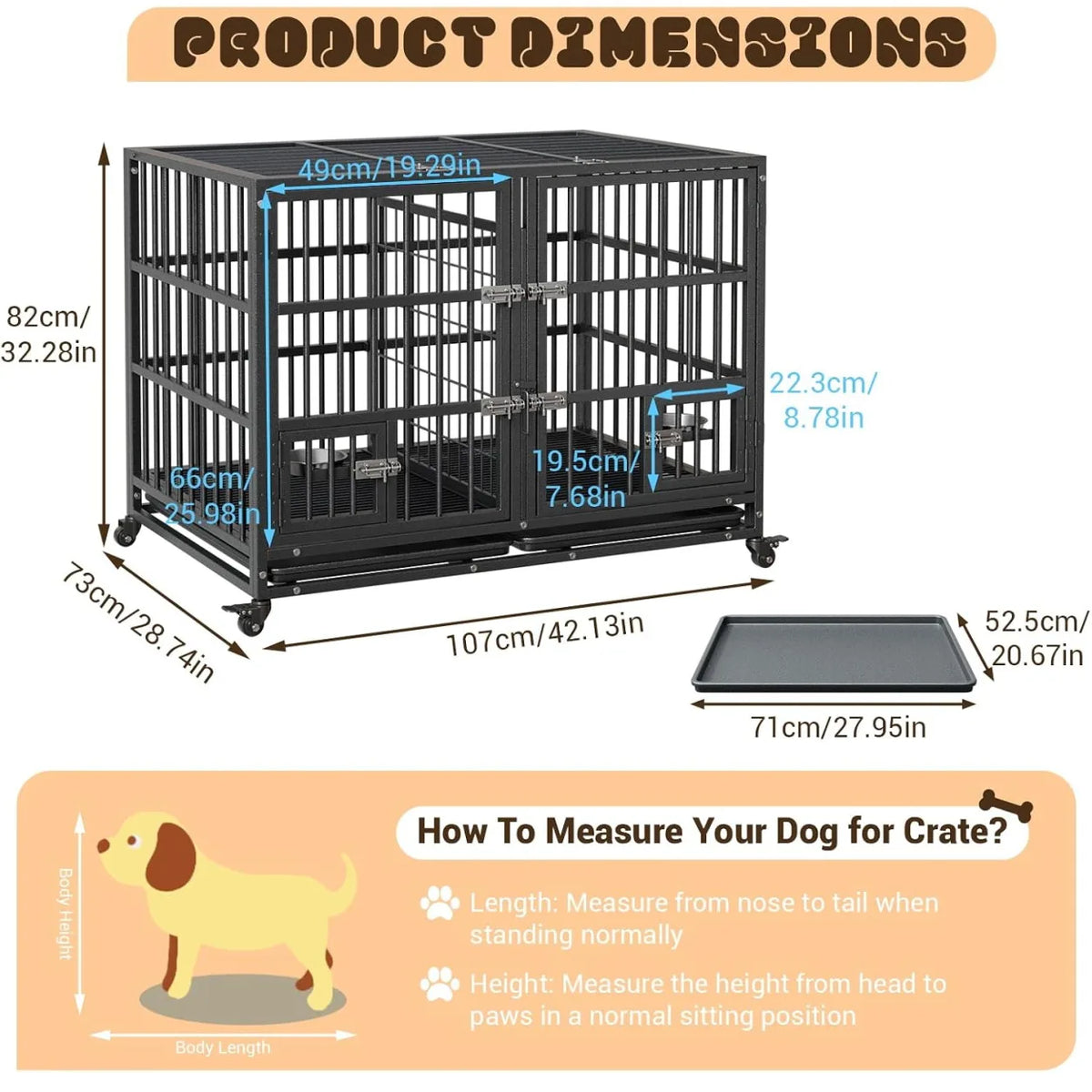 Heavy Duty Metal Dog Crate 42 Inch with Double Door Lock Wheels Removable Tray Divider Panel Large Dog Cage for Indoor Small Medium Dogs