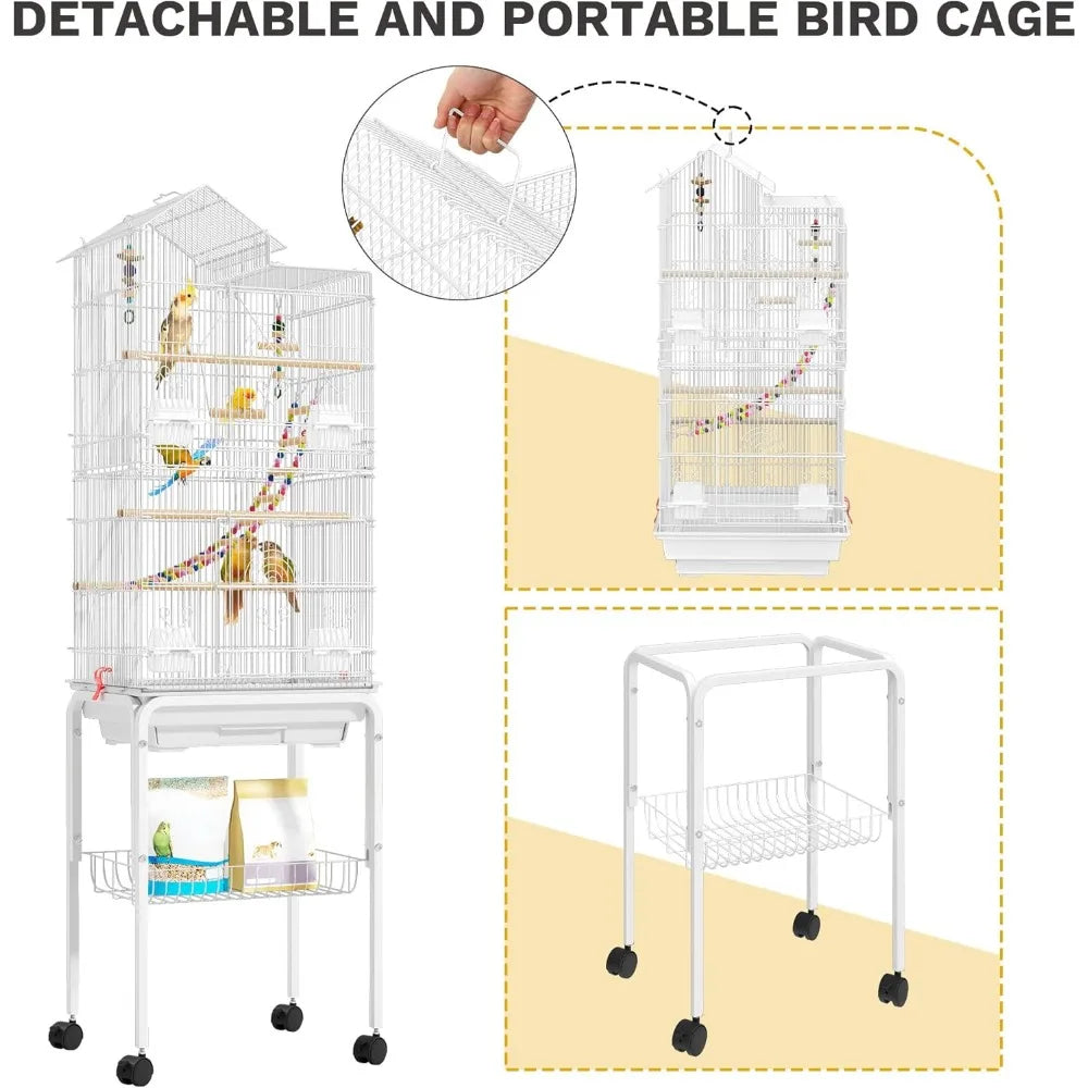 62-inch Metal Bird Cage for Cockatiels, Parrots, Pigeons, Lovebirds, with Roof Access and Rolling Stand, White