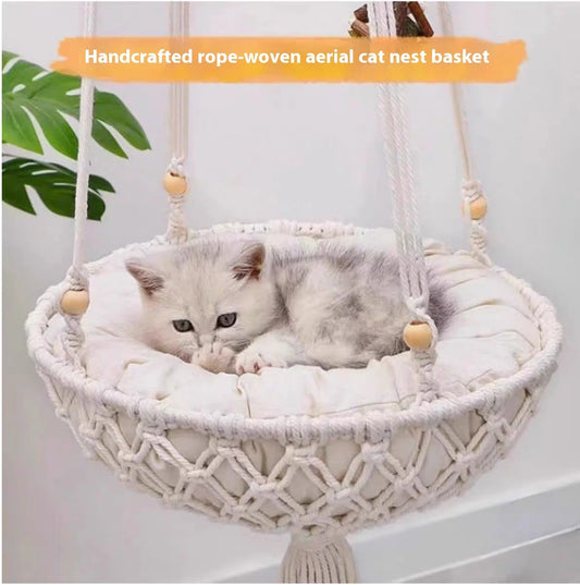 Winter Cat Window Perch, Cat Hammock for Wall with  Hand Woven Ropes,  Foldable Cat Beds for Indoor Cats Basket Swing