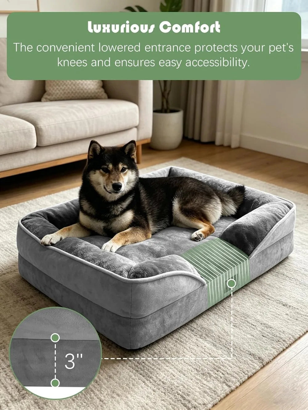 Orthopedic Dog Bed with Sides - Supportive Foam Pet Couch, Washable Cover, Waterproof Lining, Non-Slip Bottom, Grey M