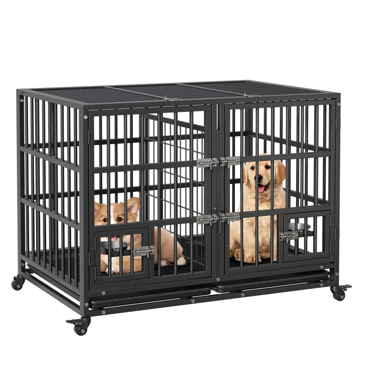 Heavy Duty Metal Dog Crate 42 Inch with Double Door Lock Wheels Removable Tray Divider Panel Large Dog Cage for Indoor Small Medium Dogs