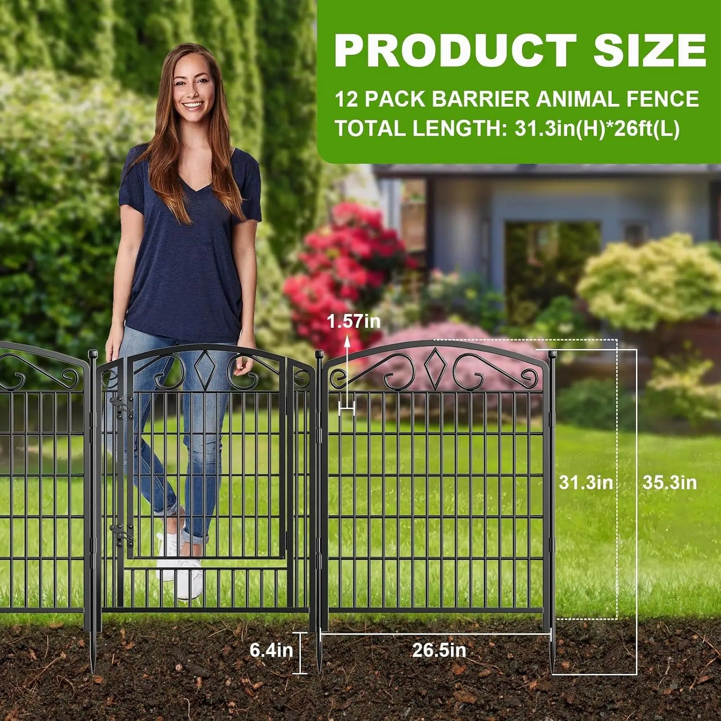 12 Panels No Dig Garden Fence with Gate, 31.3in x 26ft Rustproof Metal Dog Fence for Yard, Patio, Temporary Outdoor Fencing