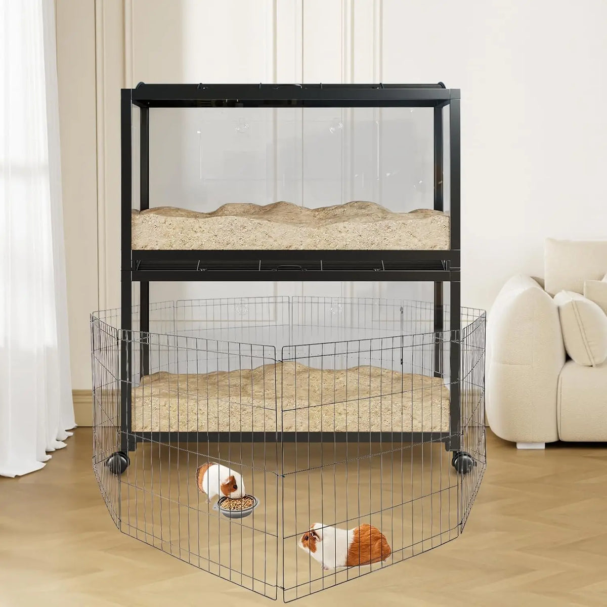 Large Hamster Cage, 3-Tier Gerbil Cages with Running Wheel, Water Bottle, Food Bowl, Ramps, Portable Hamster House with 7" Deep Glass Bottom for Syrian, Hamster, Gerbils (Metal Black)