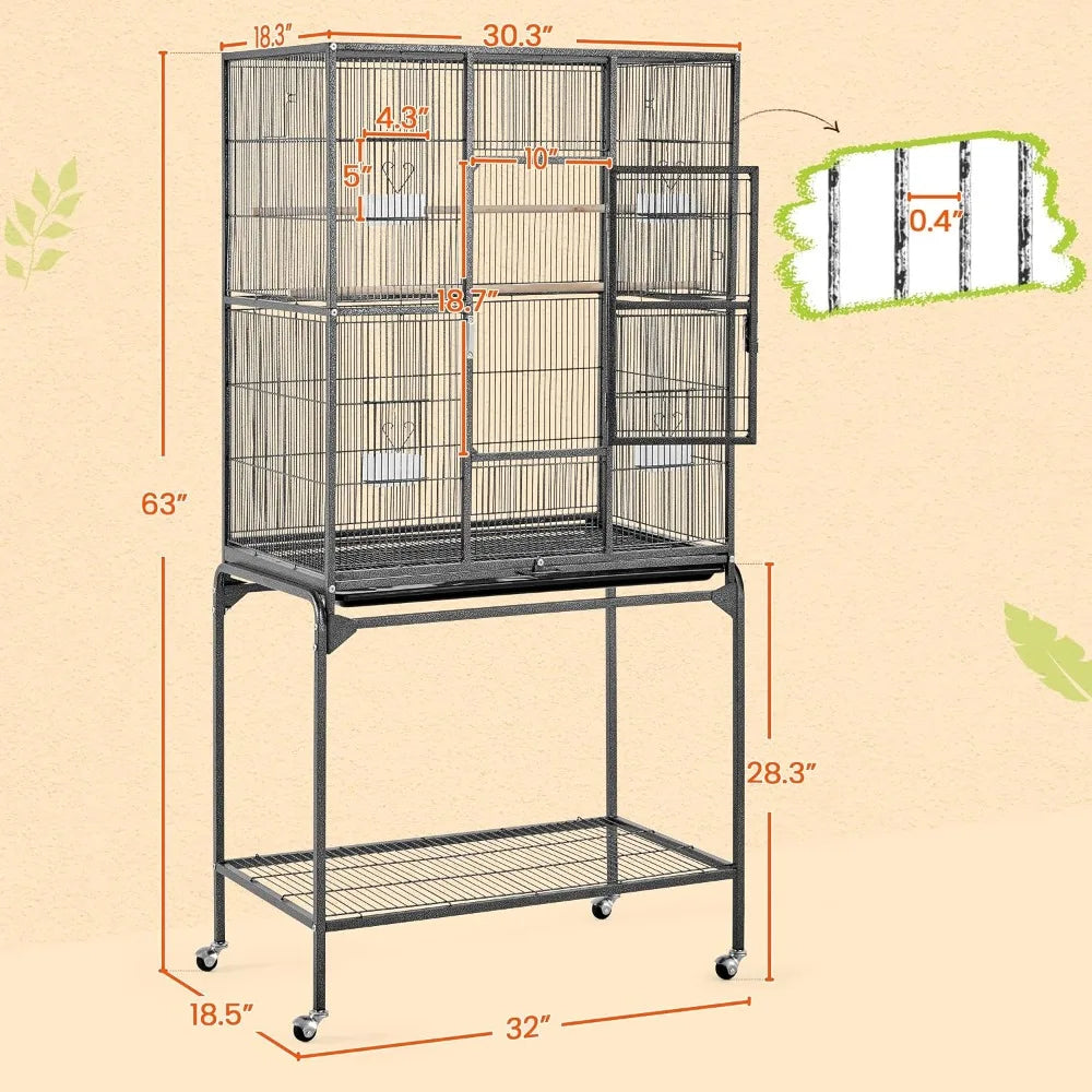 63'' Detachable Parrot Cage for Cockatiel, Sun Parakeet, Green Cheek Conure, Lovebird, Budgie, Finch - Wrought Iron with Stand