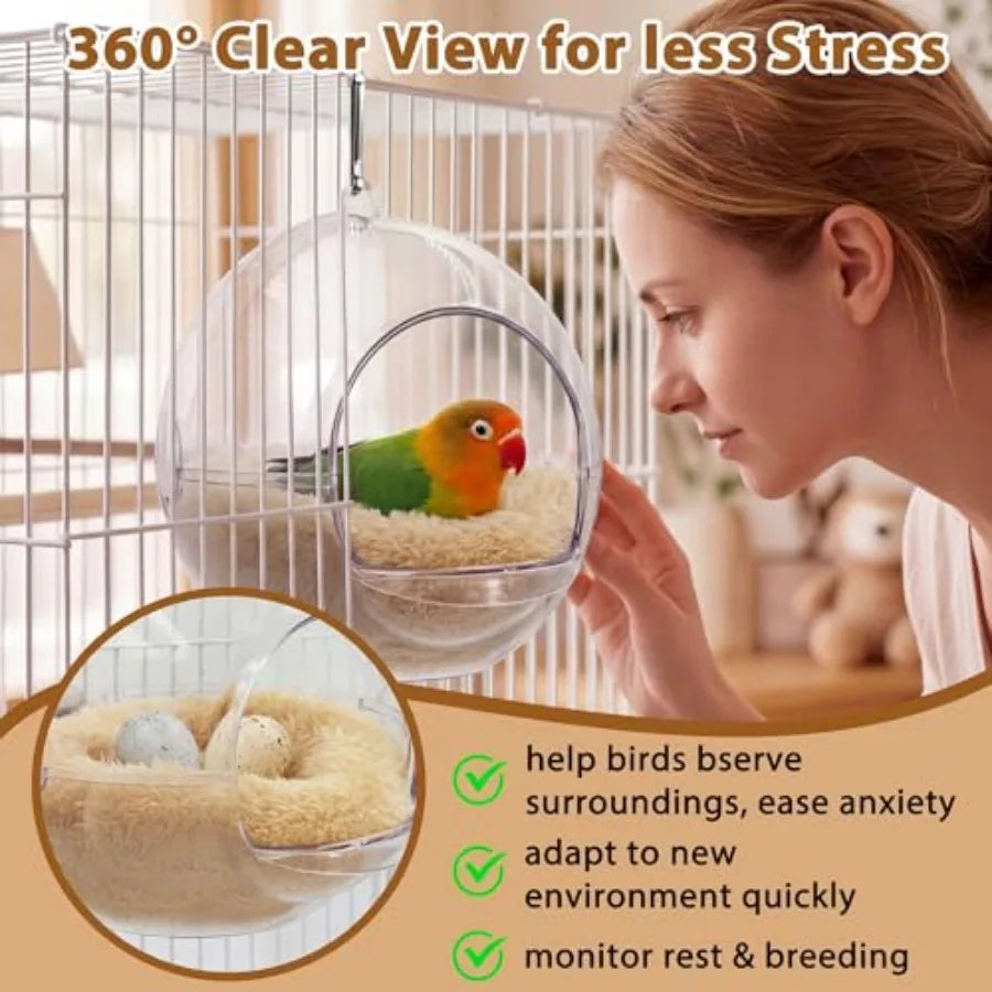 Transparent Chewproof Budgie Bird Breeding Nest for Cage, 360° Clear View Small Parakeet Nest with Washable Pad, Hanging Bird B