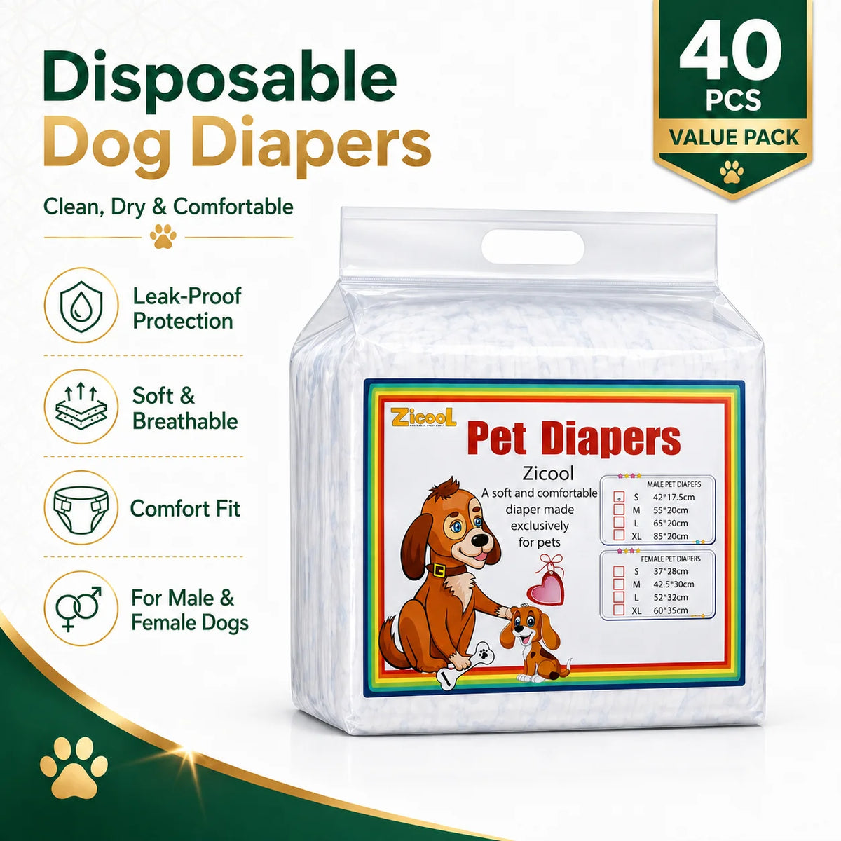 40-piece special offer pack of pet diapers, dry and breathable, comfortable and soft, physiological pants for female dogs, disposable diapers for male dogs