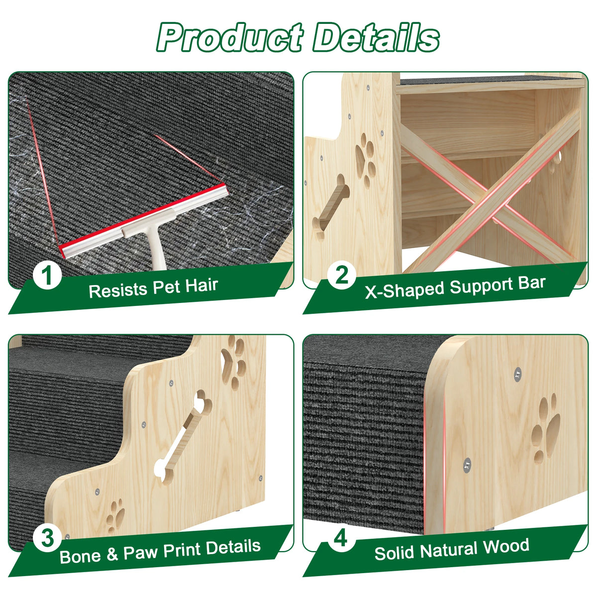 3 Step Wooden Pet Stairs, Large Non-Slip Dog Steps, Scratch-Resistant Carpet & Side Safety Panels,for Small & Large Dogs and Cats, Beds, Couches & Sofas