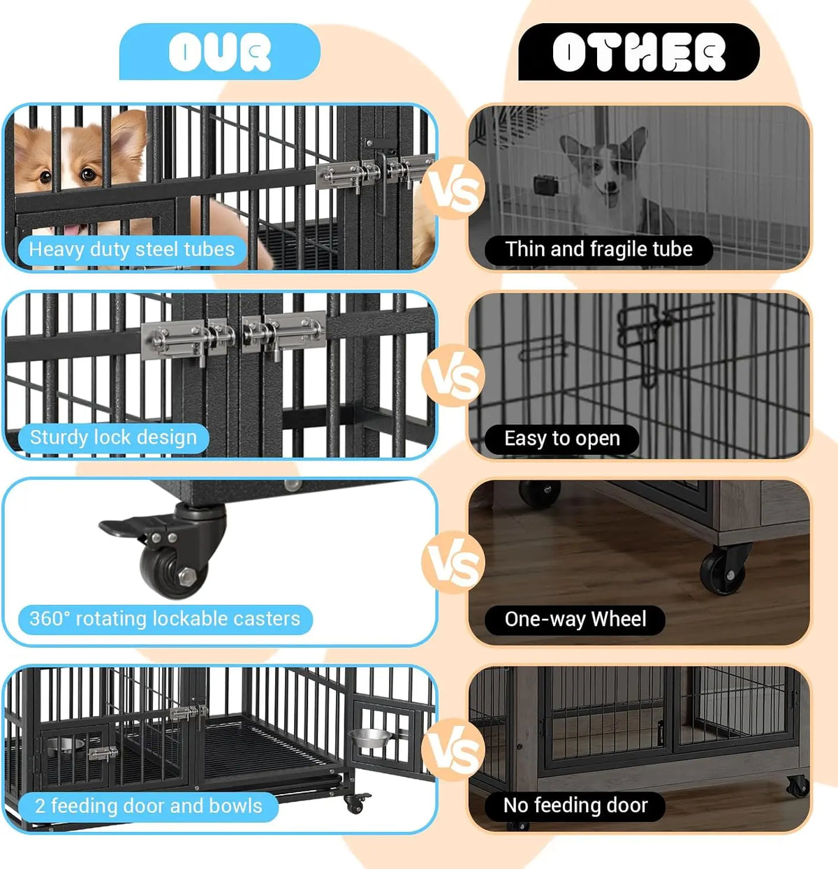 Heavy Duty Metal Dog Crate 42 Inch with Double Door Lock Wheels Removable Tray Divider Panel Large Dog Cage for Indoor Small Medium Dogs