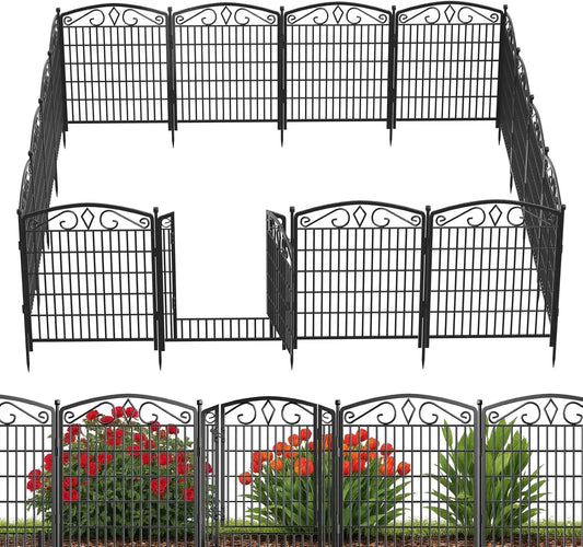 12 Panels No Dig Garden Fence with Gate, 31.3in x 26ft Rustproof Metal Dog Fence for Yard, Patio, Temporary Outdoor Fencing