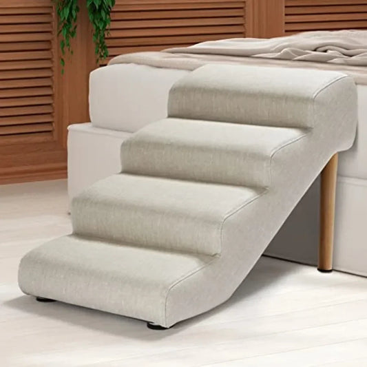 Pet Stairs for Dogs up to 150 lbs, Imitation Linen Faux Leather, Light Beige, Waterproof Scratch Resistant with High-Density Fo