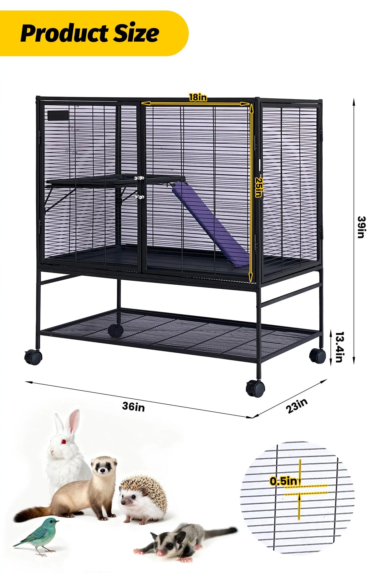 Small Animal Cage, 39” H Large Ferret Cage with Removable Ramp & Tray, Hamster Cage for Chinchilla, Guinea Pig and Rabbit