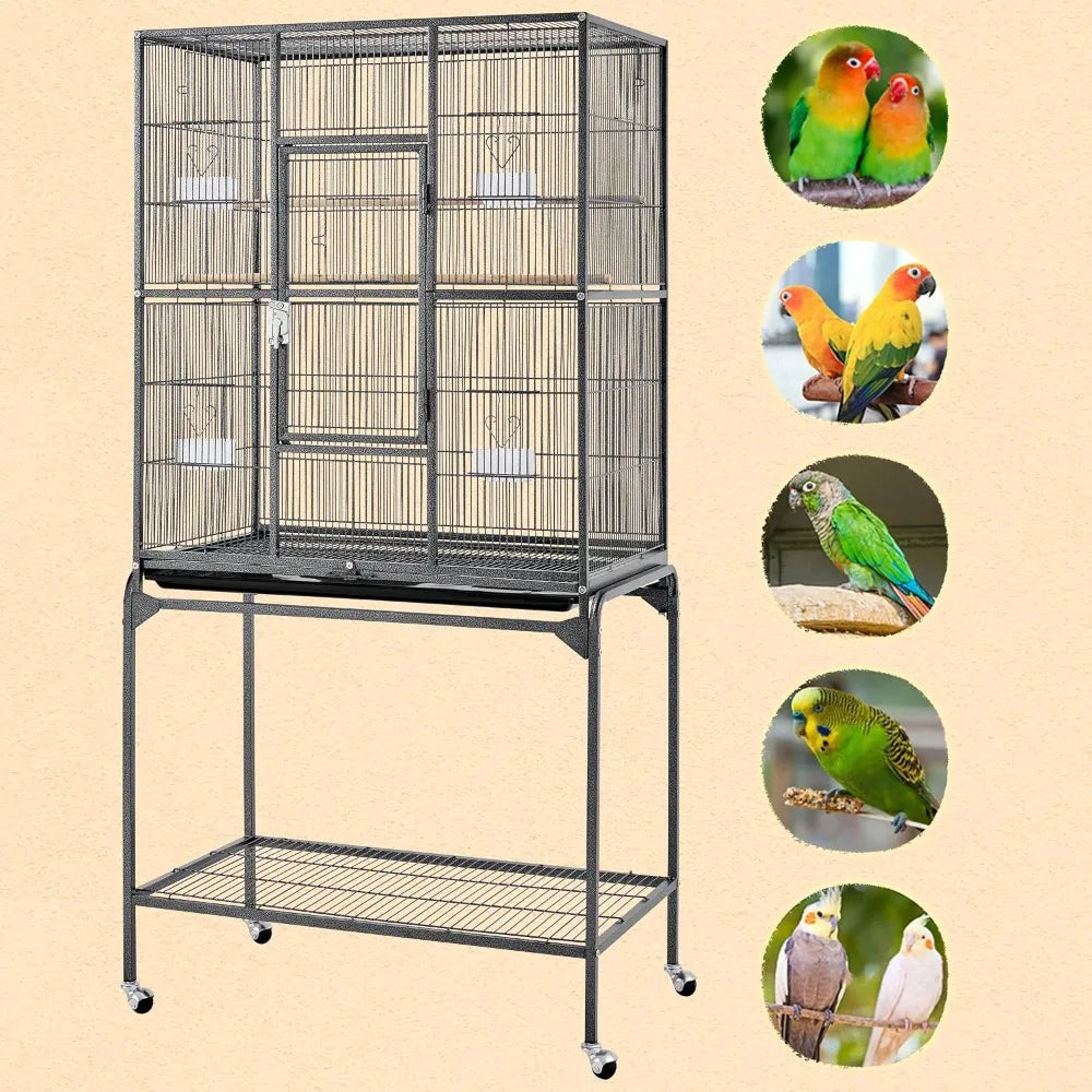 63'' Detachable Parrot Cage for Cockatiel, Sun Parakeet, Green Cheek Conure, Lovebird, Budgie, Finch - Wrought Iron with Stand