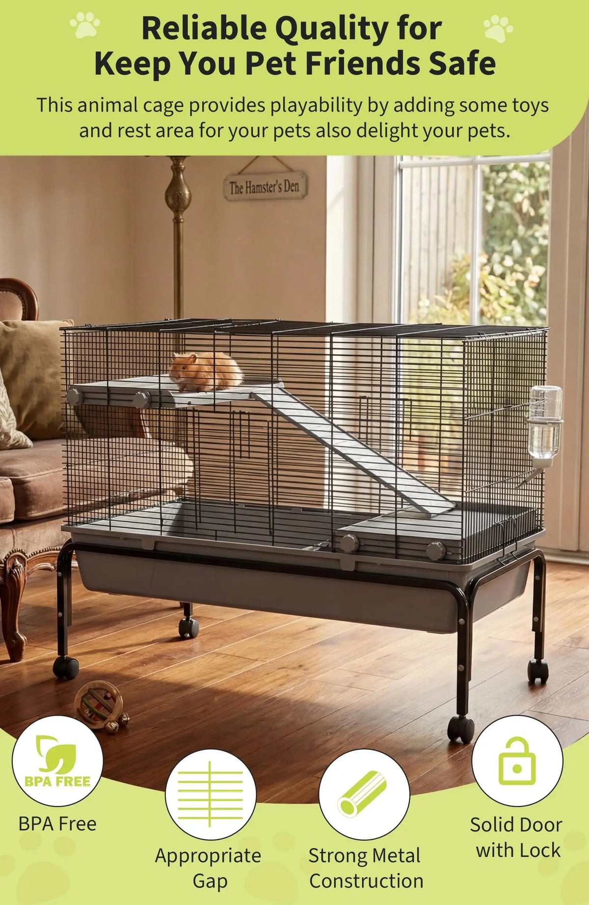 40'' Small Animal Cage With Detachable Stand, Hamster Cage with Ramp & Removable Tray & Water Bottle, Rolling Pet Habitat for Rabbits, Guinea Pigs