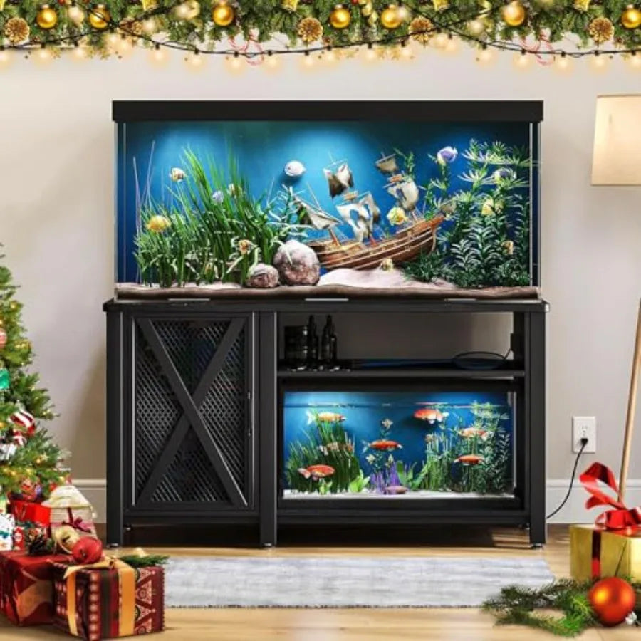 55-75 Gallon Aquarium Stand with Power Outlets, Cabinet for Fish Tank Accessories Storage - Heavy Duty Metal Fish Tank Stand Su