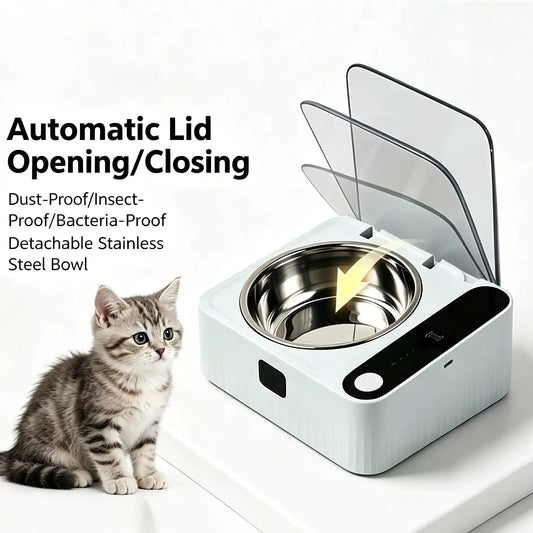 Pet Smart Infrared Sensor Open Lid Cat Bowl Stainless Steel with Lid Dustproof Insect-proof and Moisture-proof Pet Bowl