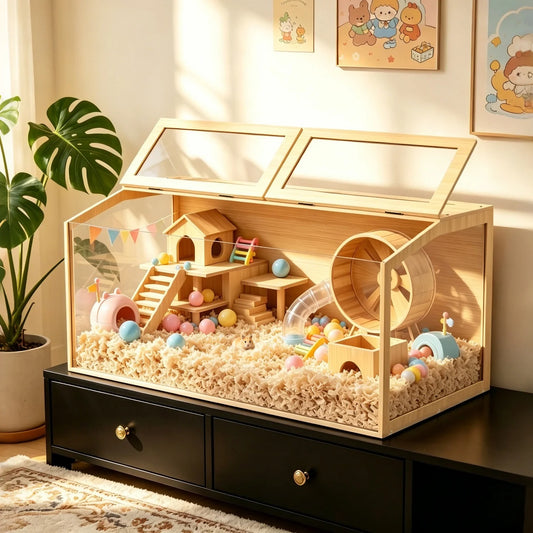 Wooden Hamster Cage Animal Cabinet for Guinea Pigs Hamster Habitat Openable Top Tabletop Habitat Enclosure Tempered Glass Panels