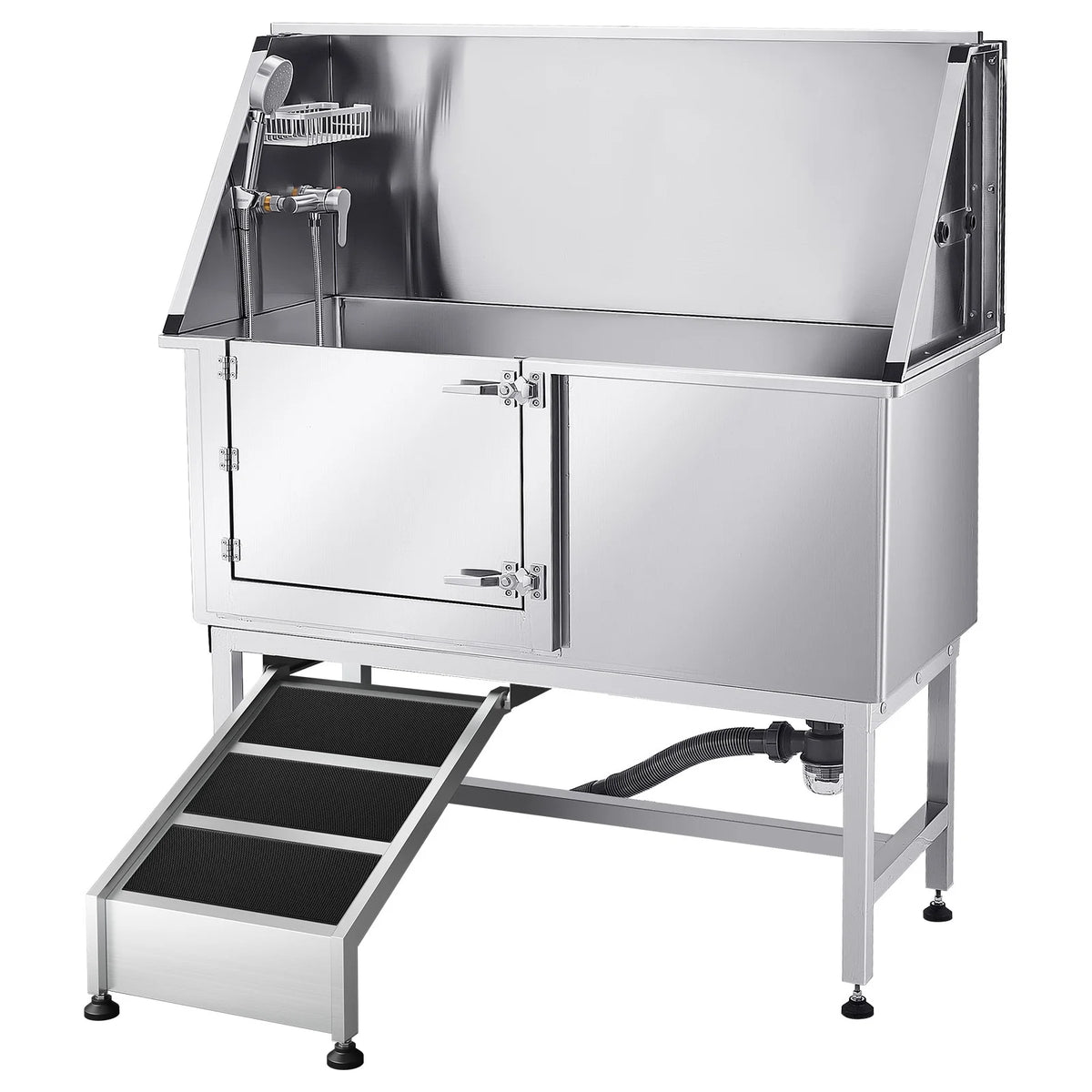 SucceBuy Stainless Steel Dog Washing Station 50inch w/ Ramp PE Water Filter Board Showerhead Soap Holder for Large Medium Small