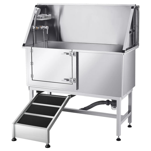 SucceBuy Stainless Steel Dog Washing Station 50inch w/ Ramp PE Water Filter Board Showerhead Soap Holder for Large Medium Small